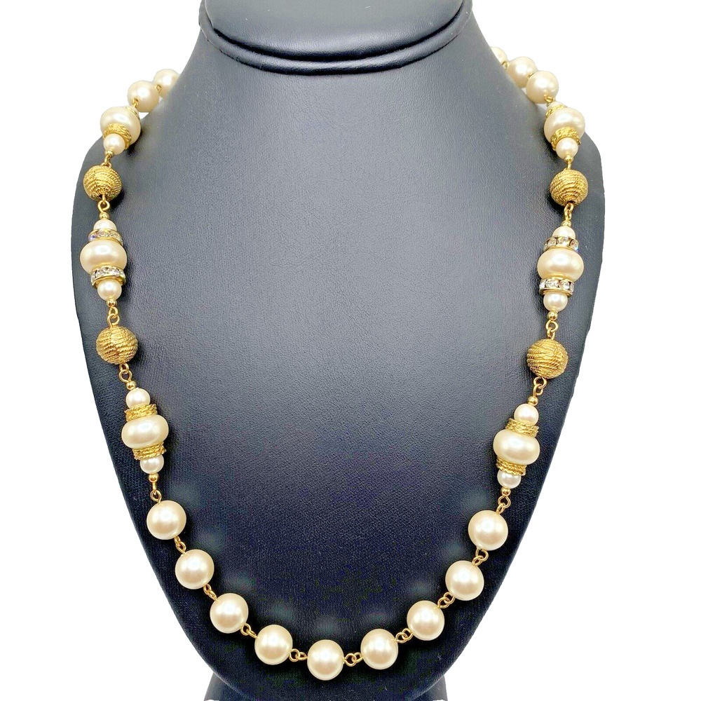 Vintage Faux Pearl Gold Tone Necklace Rhinestone Rondelles Lucite White 26"